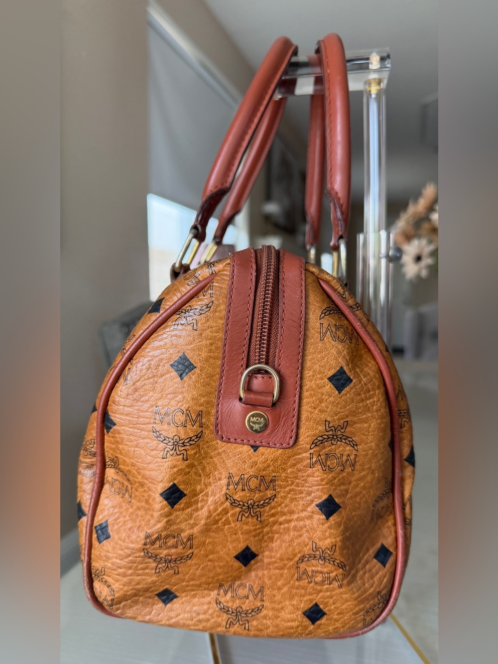 MCM Visetos Boston Speedy Satchel Bag – Cognac Brown Monogram Leather - Picture 3 of 15